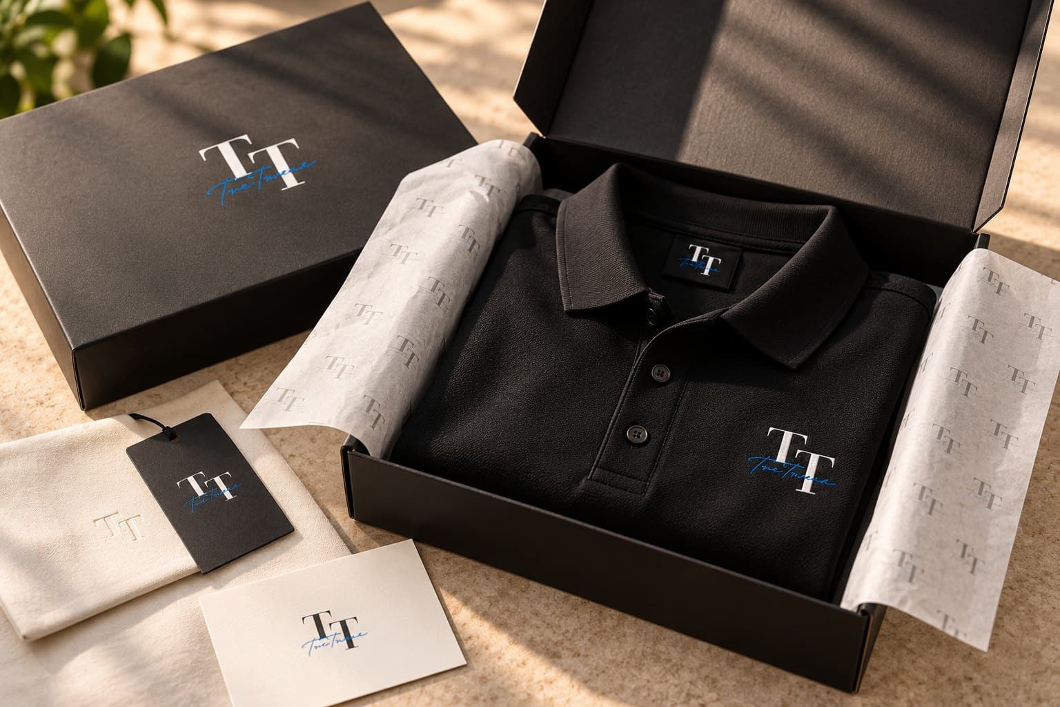 Black TreTrove box holding a folded black polo in monogrammed tissue paper, with a swing tag and card