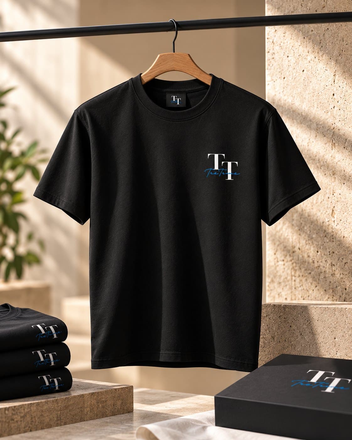 Black TreTrove T-shirt with chest monogram on a wooden hanger, folded tees and a black box beside it