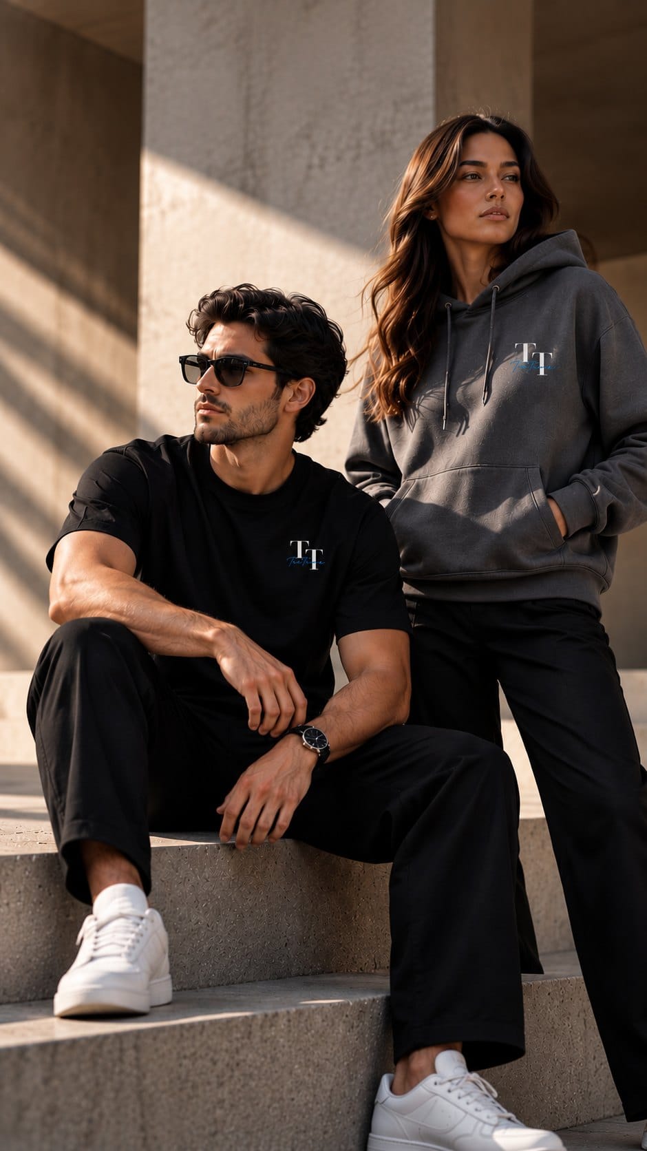 Two models in a black TreTrove T-shirt and a charcoal TreTrove hoodie on sunlit concrete steps